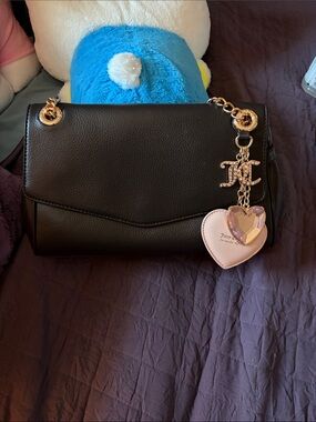 Juicy Couture Black Leather Shoulder Bag with Gold Chain & Pink Heart Charm